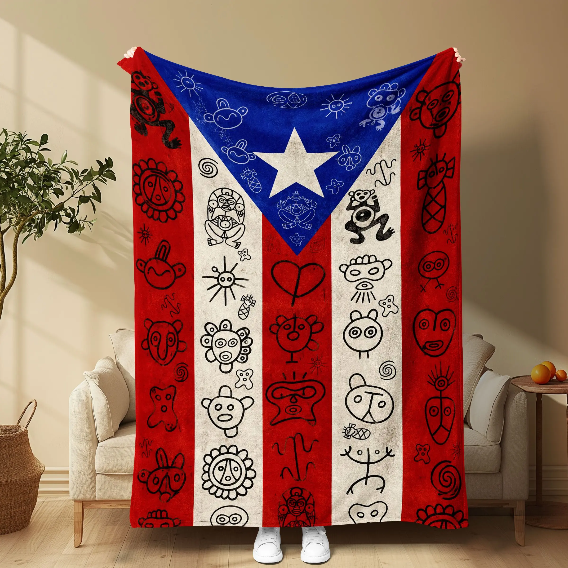 Polynesian Flag Native Totem Flannel Blanket, Blue Five Star Vintage Indigenous Face Sun Frog Hand-Drawn Print, Soft Nap Air Conditioning Blanket