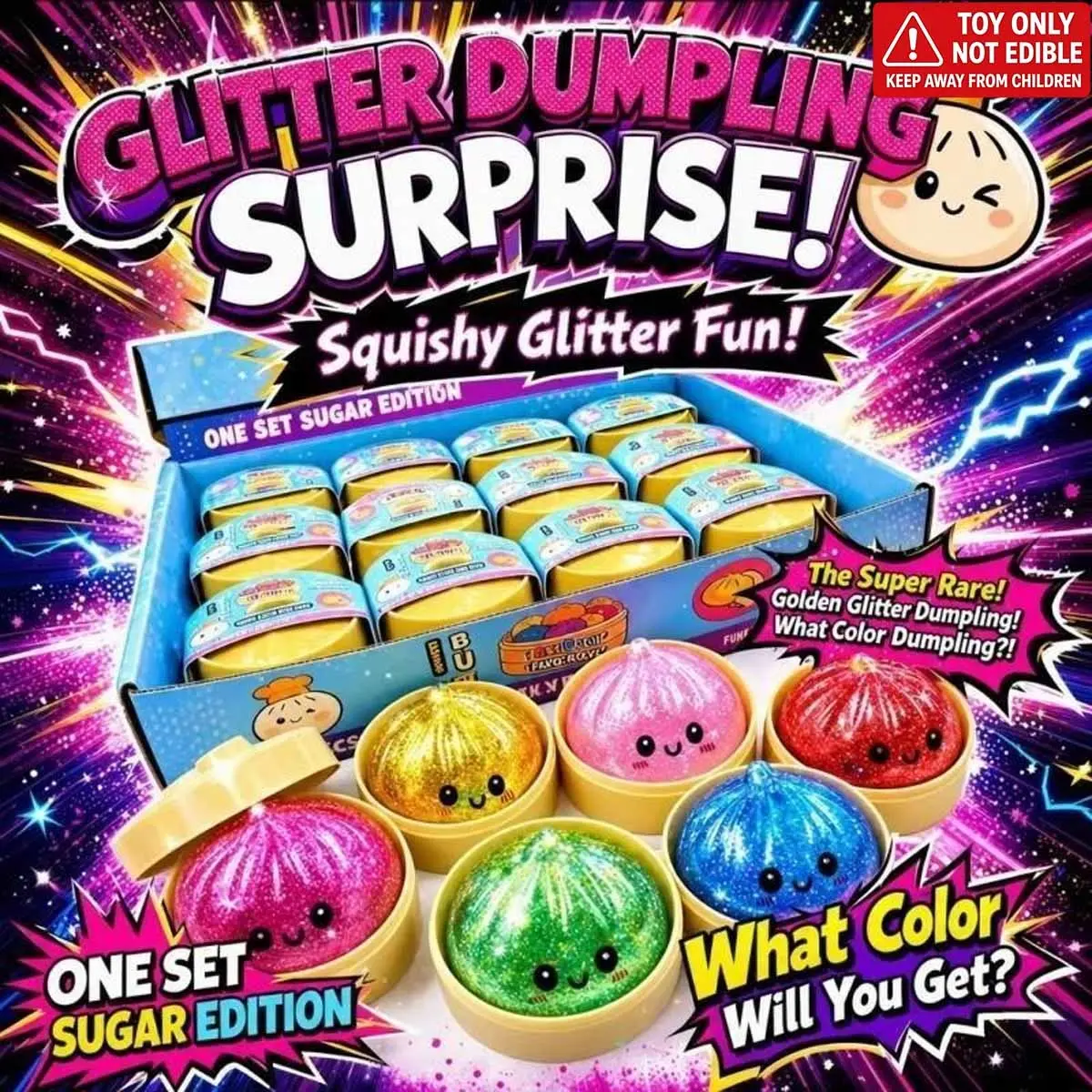 Glitter Dumpling Squishy, Sparkly Squishies, Ultra Rare Gold Glitter Hidden Edition, Soft TPR Dough Ball with Steamer, Sensory Stress Relief Toy, Squishy Set