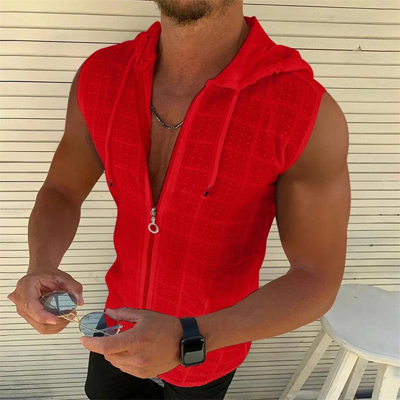 Kyn Apparel Short sleeved hooded zippered cardigan T-shirt for men's summer new fashionable plaid sleeveless t-shirt for men's lapel top
