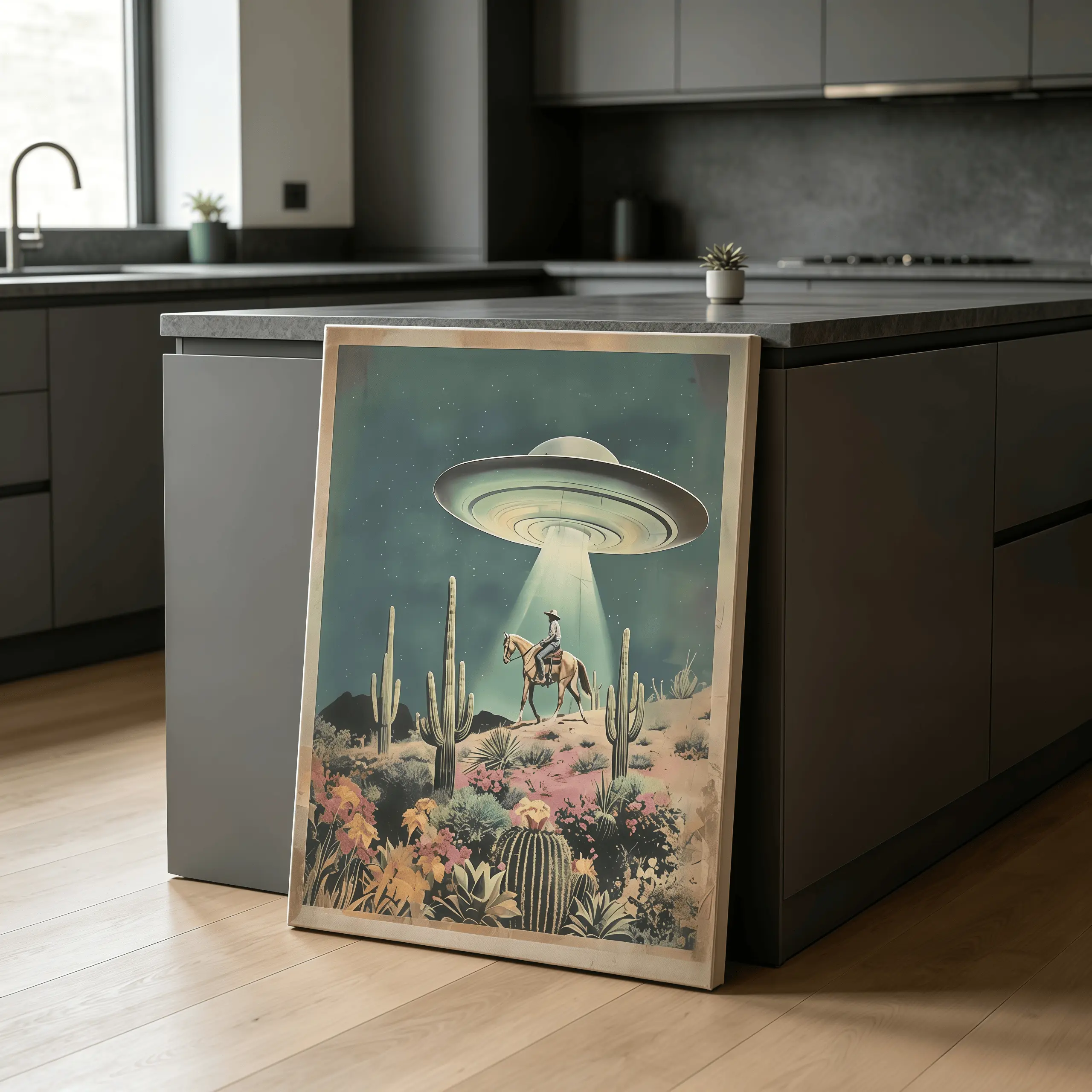 UFO Cowboy Western Americana Unframed Poster - Retro Sci-Fi Art, Waterproof Multi-Size PVC Tube Print, Boho Wall Decor with Flying Saucer, Alien, Horse, Desert Flowers, Whimsical Room Decor for Home, Bedroom, Home Accessories, Decoration, Shipped in a Box