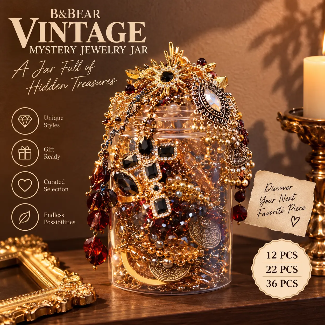 B&Bear Women's Retro Vintage Mystery Jewelry Jar Set - 12/22/36 PCS Curated Bundle, Antique Necklaces, Bracelets, Earrings, Charms, Surprise Collection, Boujee Gifts