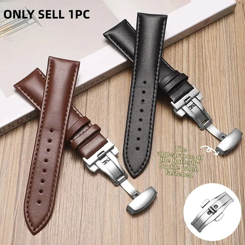 First Layer Genuine Leather Strap, Butterfly Buckle Design, Durable and Wear-Resistant, Unisex, Soft and Comfortable, 20/22/24mm, Fashionable Watch Accessories