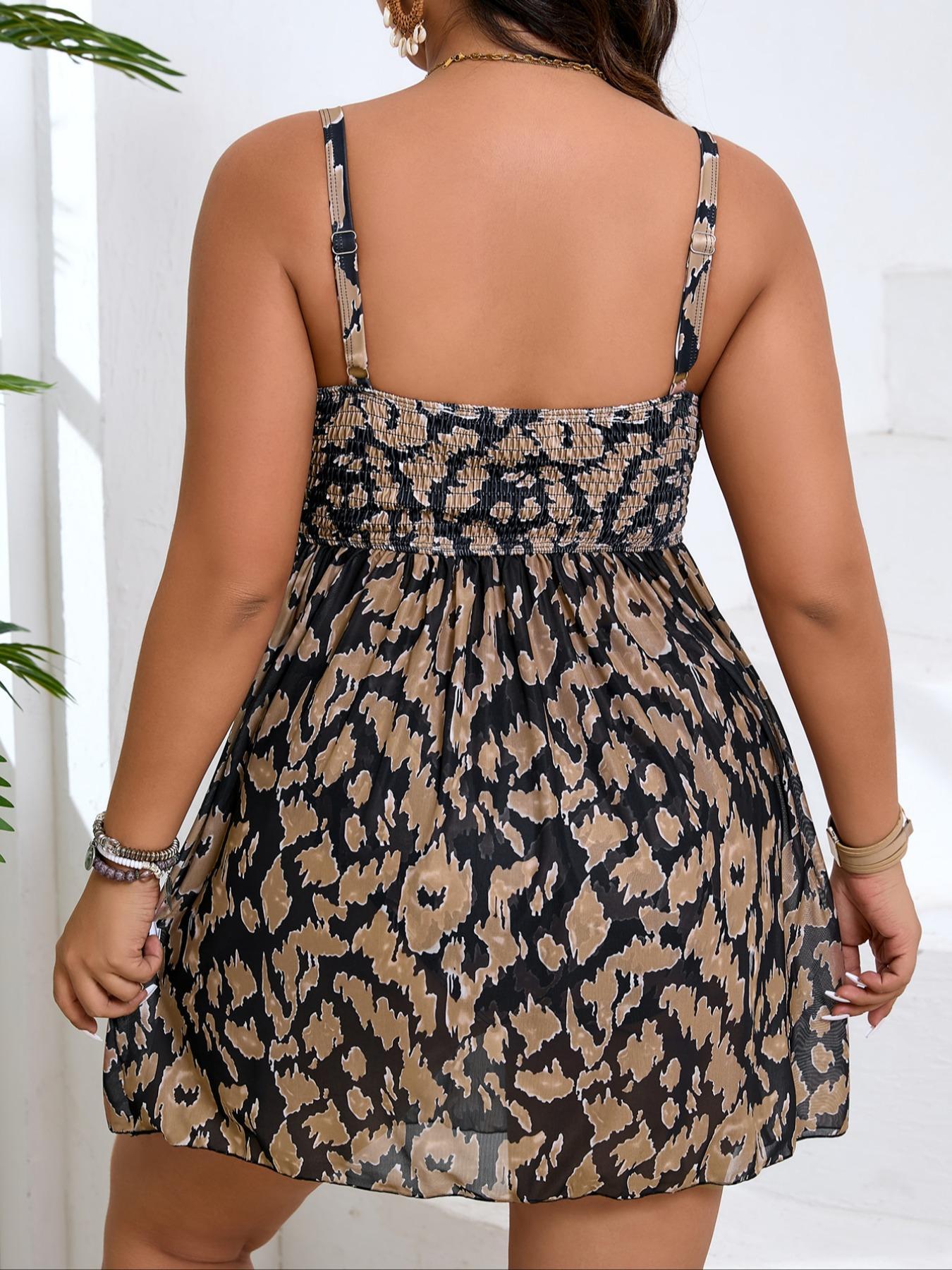 Plus Size All Over Print Tankini Set, Leopard Print Tankini, Casual Sleeveless Boho Dress & Bottom Two-piece Swimsuit for Beach Holiday Vacation, Summer Tankinis Set