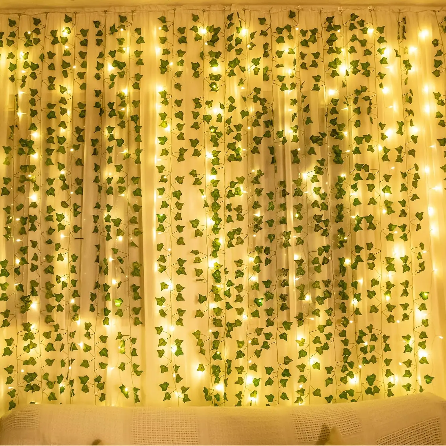 84Ft 12 Pack Artificial Ivy Leaf  Vine with 80 LED String Light,Green Vines Garland,  for  Kitchen Office Wedding Wall Décor