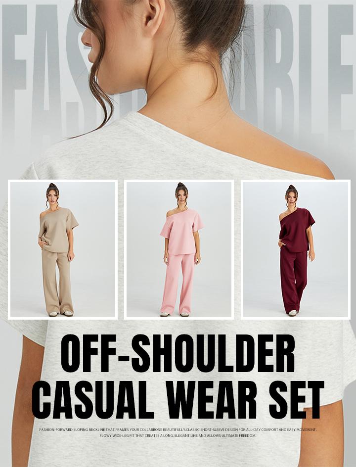 Women's Leisure Solid Color Sloping Shoulder Short Sleeve Top, Simple Style Loose Going Out Outfit, Comfortable Womenswear Women's Leisure Solid Color Sloping Shoulder Short Sleeve Top, Simple Style Loose Going Out Outfit, Comfortable Womenswear