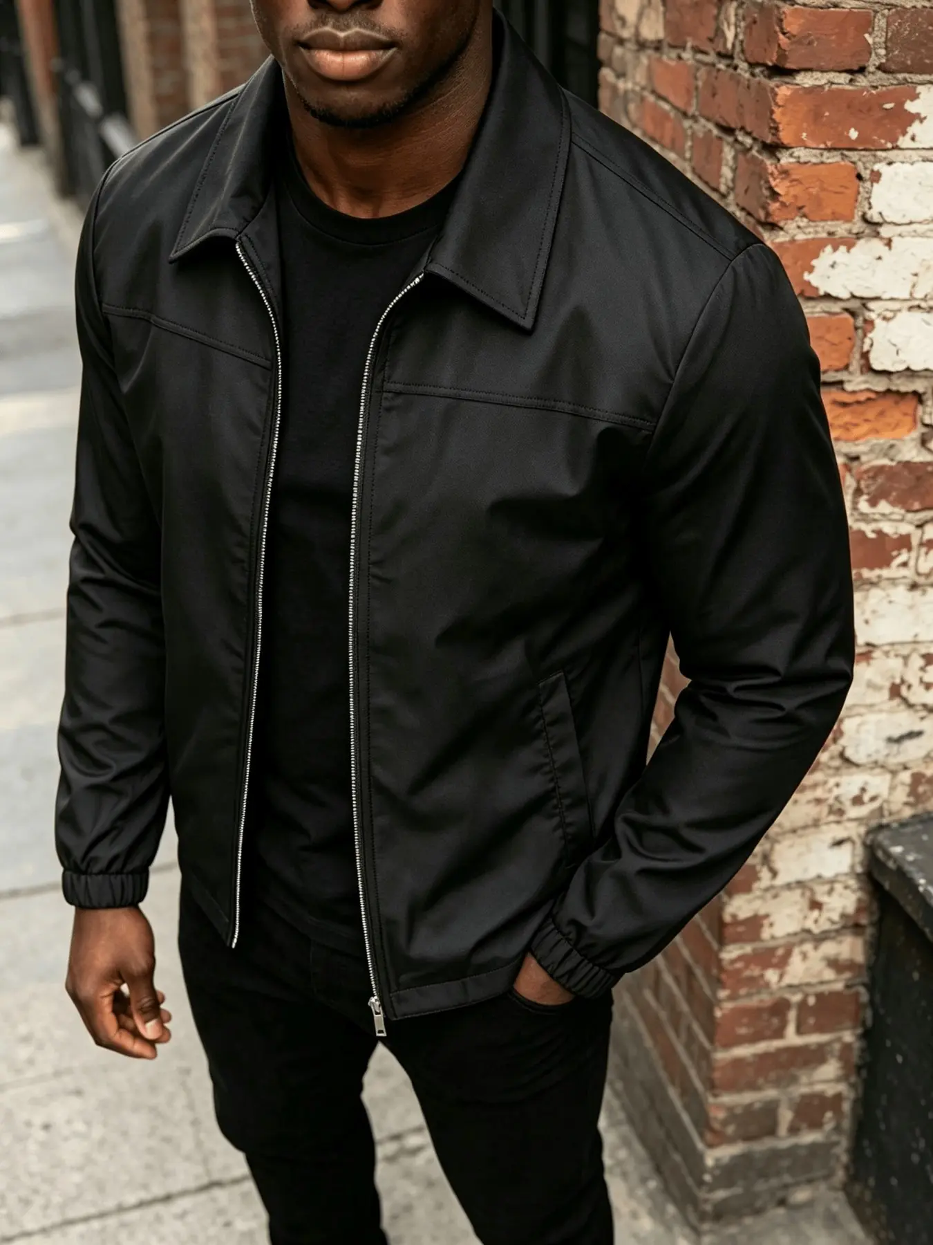 Men's Pure Notch Lapel Coach Jacket, Zipper Lightweight Windproof Casual Harrington Coat, Simple Loose Commute Daily Outdoor Jacket