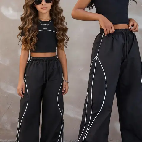 Teen Girl Clothes Set, Summer Street Style, Matching Sets, Casual 2-Piece, T-Shirt & Wide Leg Pants, Outdoor Wear, Ages 3+