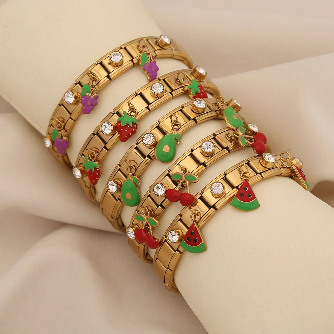 Women's Enamel Fruits Charm Bracelet - Cute Cherry Strawberry Watermelon Design, Stainless Steel, Waterproof Tarnish-Free Bag Charm Accessory, Summer Vacation Gift for Her