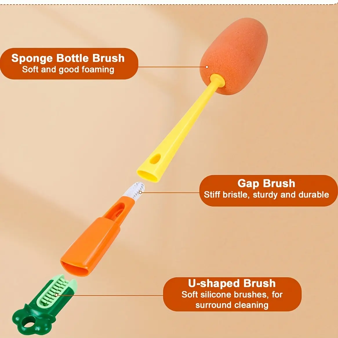3-in-1 Multifunctional Carrot Cleaning Brushes, Reusable Long-Handle Soft Sponge Head Brushes, Strong Cleaning Power for Edges, Household Practical & Cute Utensils Tool, Easy to Maintain for Cups/Bottles, Ideal Gifts for Home Kitchen Use