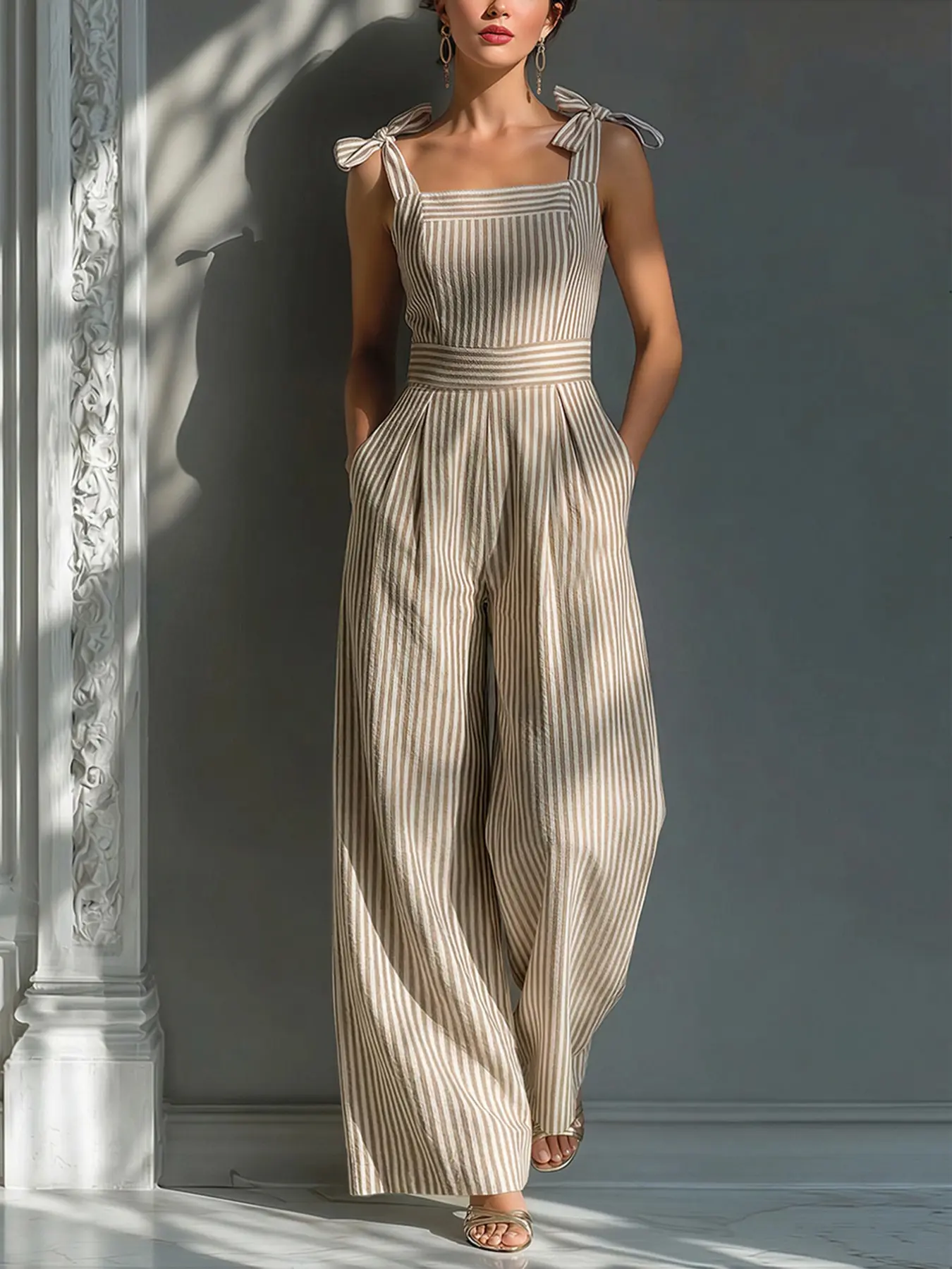 Women's Camel Striped Textured Jumpsuit, Tie Shoulder Straps Design, Waist-Cinching Slim Fit for Spring/Summer