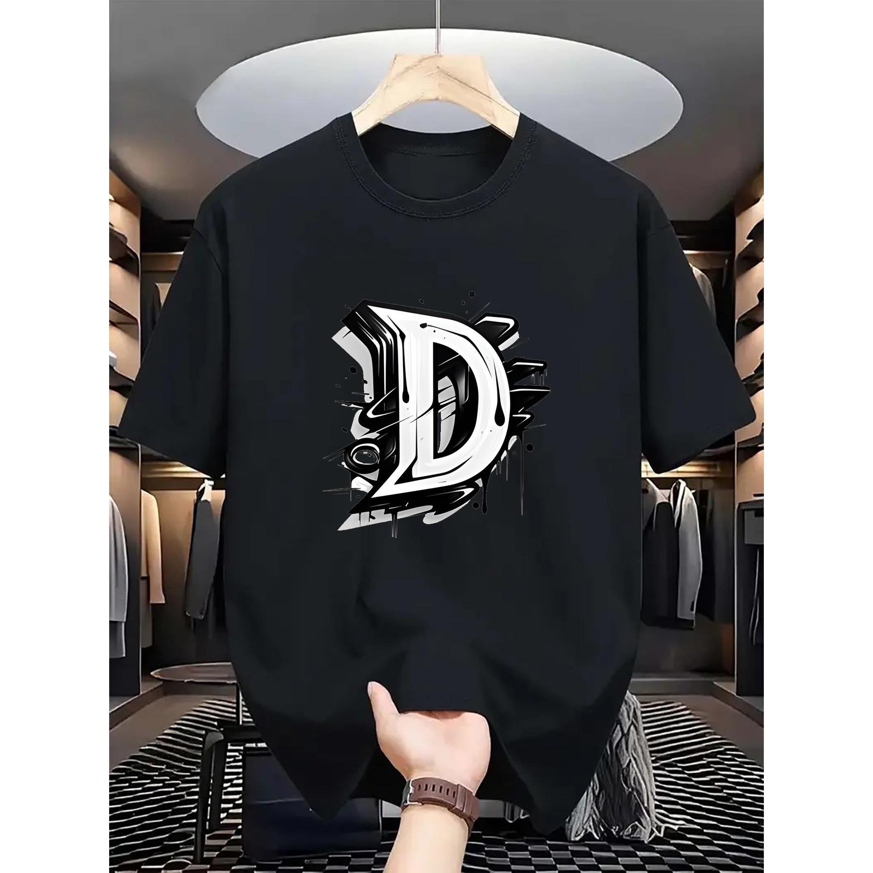 180G Pure Single-Sided Printed Round Neck Short Sleeve T-Shirt, Men's Sports T-Shirt - Breathable, Lightweight, Black with Floral Large Letter "D" Print, Comfortable Style, Suitable for Large Sizes, Men's Casual Summer T-Shirt