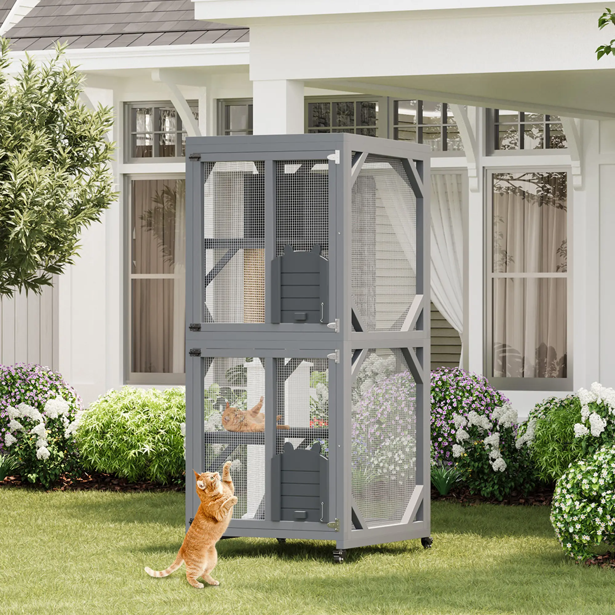 68in 4-Tier Wooden Catio on Wheels, Window Cat Enclosure with Roof, Scratch Post, Rest Box, Sliding Doors