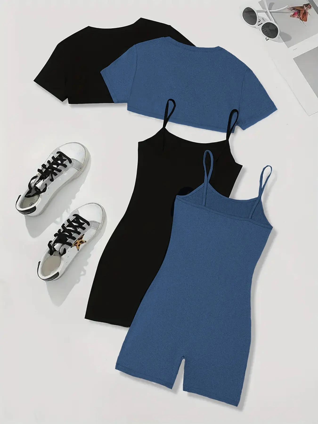 4 Piece Cutout, Crop Top Shrug + Biker Shorts Bodysuit Set, Casual Fitted Bodycon Women's Short Jumpsuit, All Seasons Plain Surface Outfit