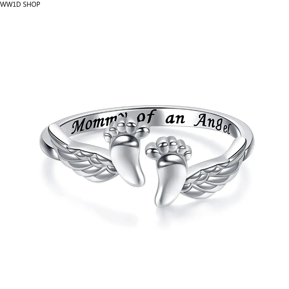 Women's Adjustable Polished Silver Memorial Ring - Fingerprint Engraved Footprint Wing Design, Statement Multi Ring, Sympathy Gift for Mothers Who Lost a Child, Fingerprint Engraved Rings Fit Aesthetic