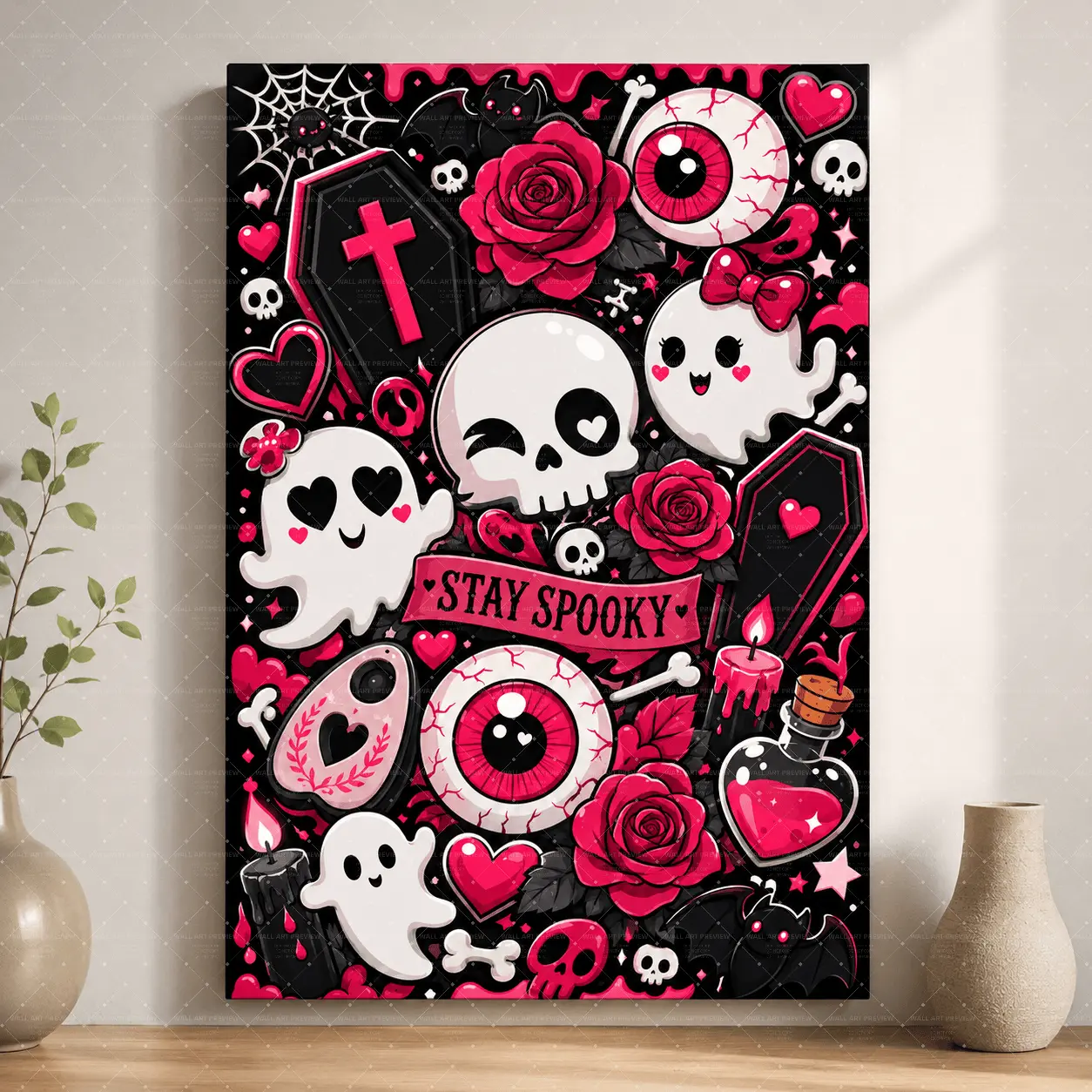 "Stay Spooky Pink Gothic Canvas Art|   Cute Ghost Skull Print, Aesthetic Teen Room Decor, Halloween Coquette Statement Poster Gift",wall decor,poster.