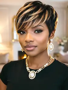 Short Pixie Cut Human Hair Wig 1b/30 Mix, Layered with Bangs, Easy to Wear Daily Wig for Women, Natural Looking Hairstyle