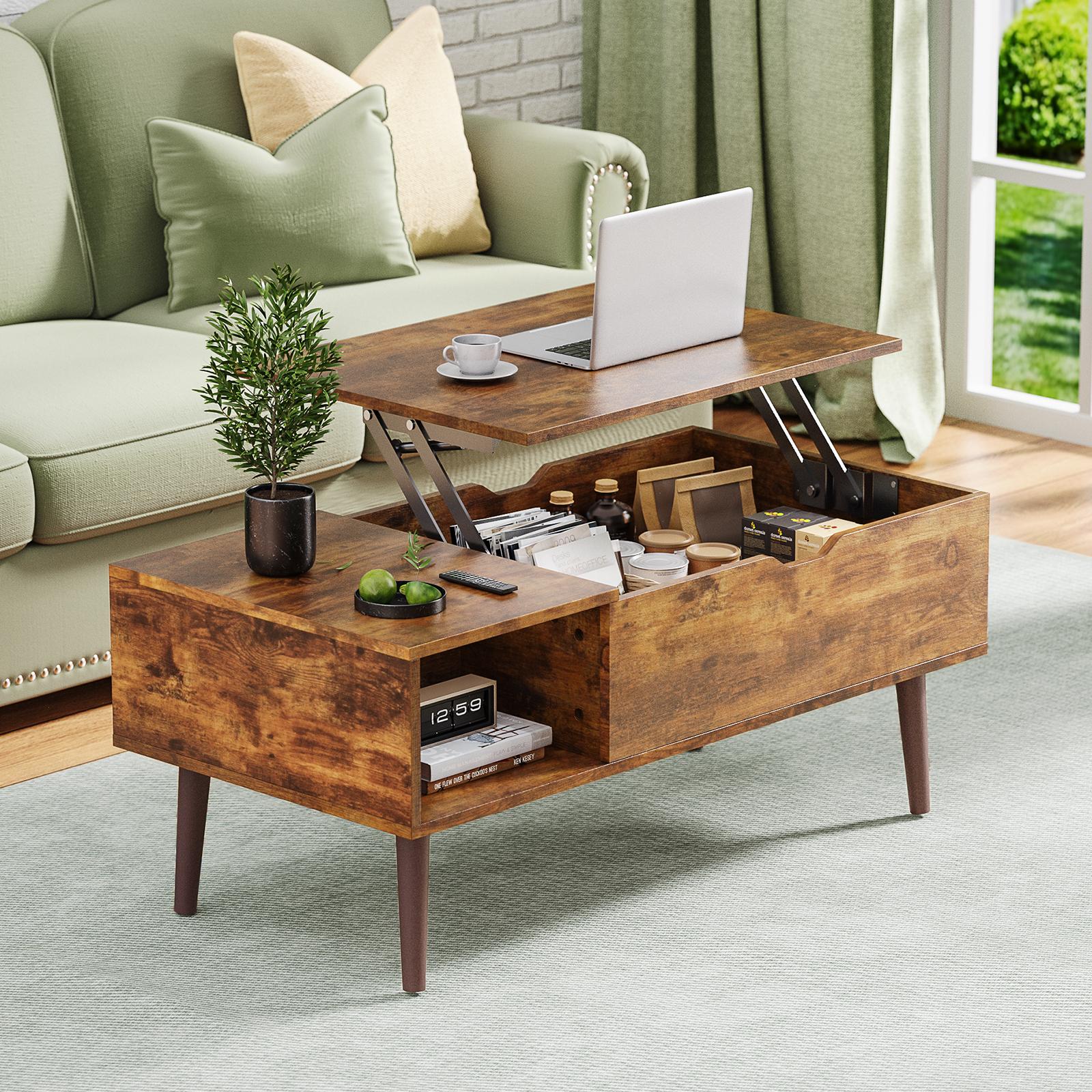 Lift Top Coffee Table with Hidden Compartment and Storage Shelf, Adjustable Wood Center Table for Living Room