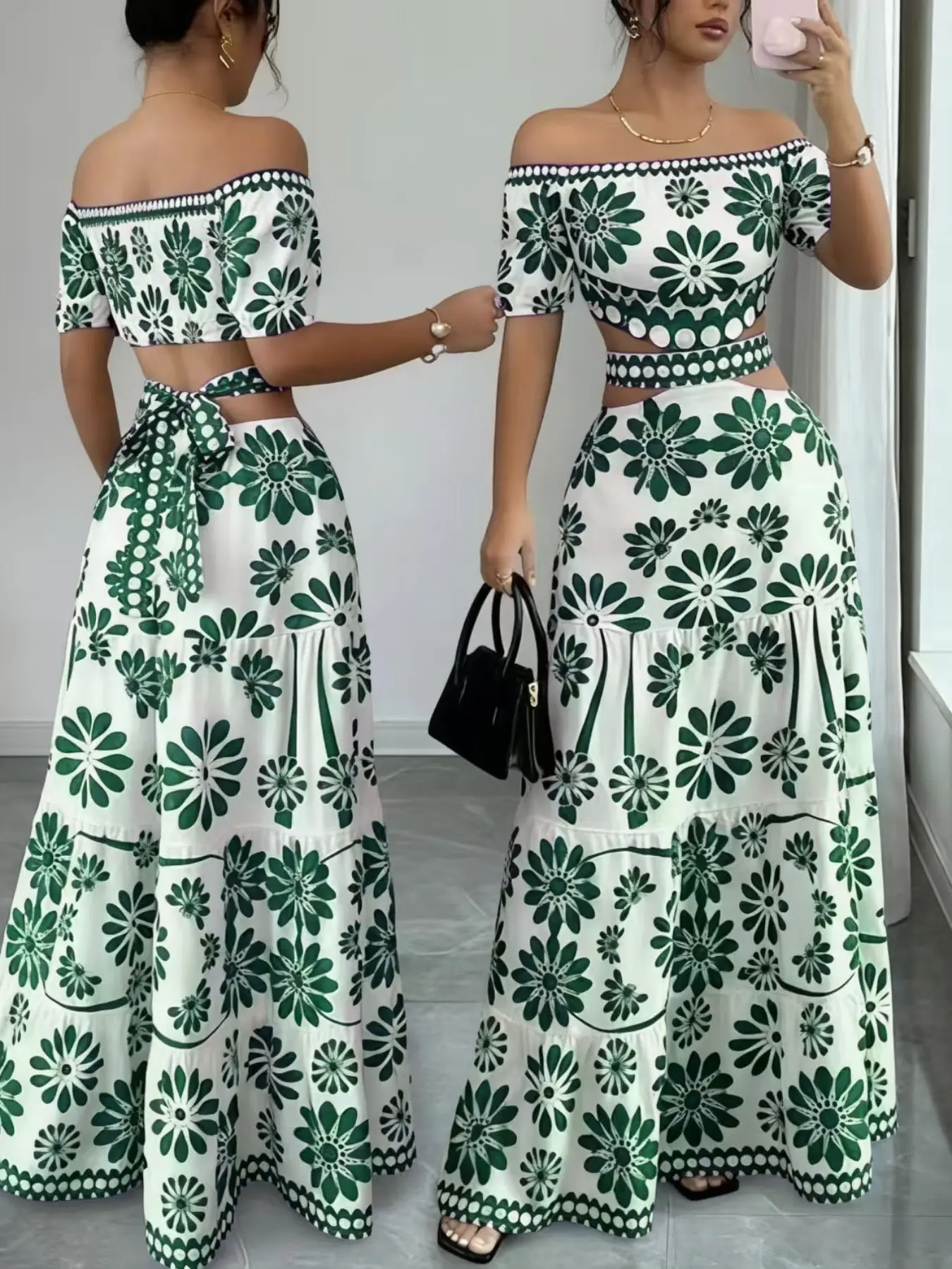 Women's Floral Off-Shoulder Dress, Sleeveless Hollow Out Waist, Casual Bohemian Style, All Seasons, Tropical Vacation, Long Dress for Summer