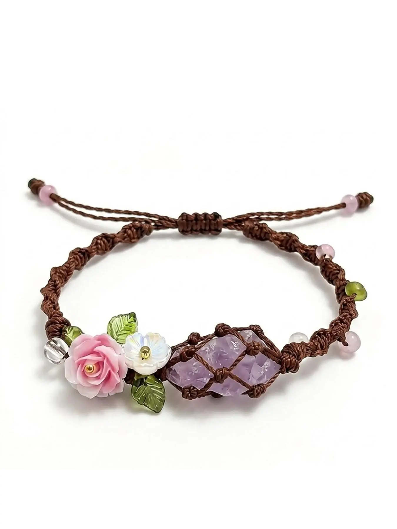 Boho Crystal Flower Pendant Necklace, Adjustable Braided Rope, Natural Stone, Women's Ethnic Jewelry, Unique Fashion Accessory