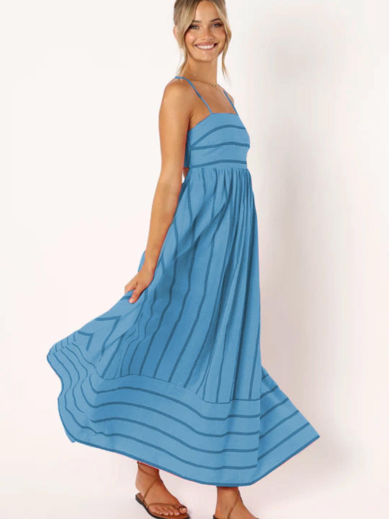 Women's Striped Print Cami Spaghetti Strap Sleeveless Dress, Fashion Casual Long Dress for Daily Outdoor Wear, Ladies Dress for Summer, Casual Basic Fashion, Casual Chic Dress