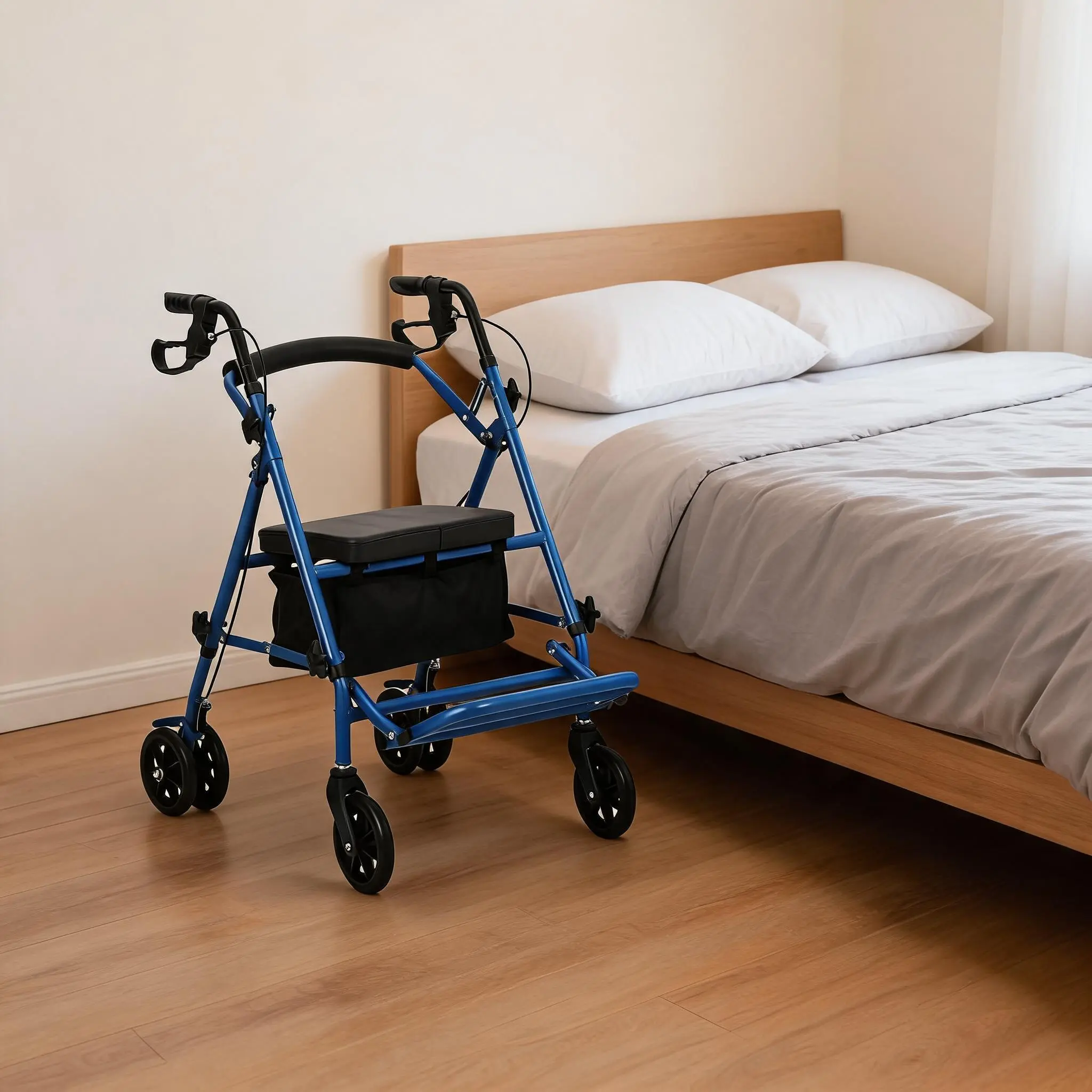 2 in 1 All Terrain Rollator Walker with Seat for Seniors Folding Mobility Aid with Large Wheels Adjustable Height Lightweight Storage Bag