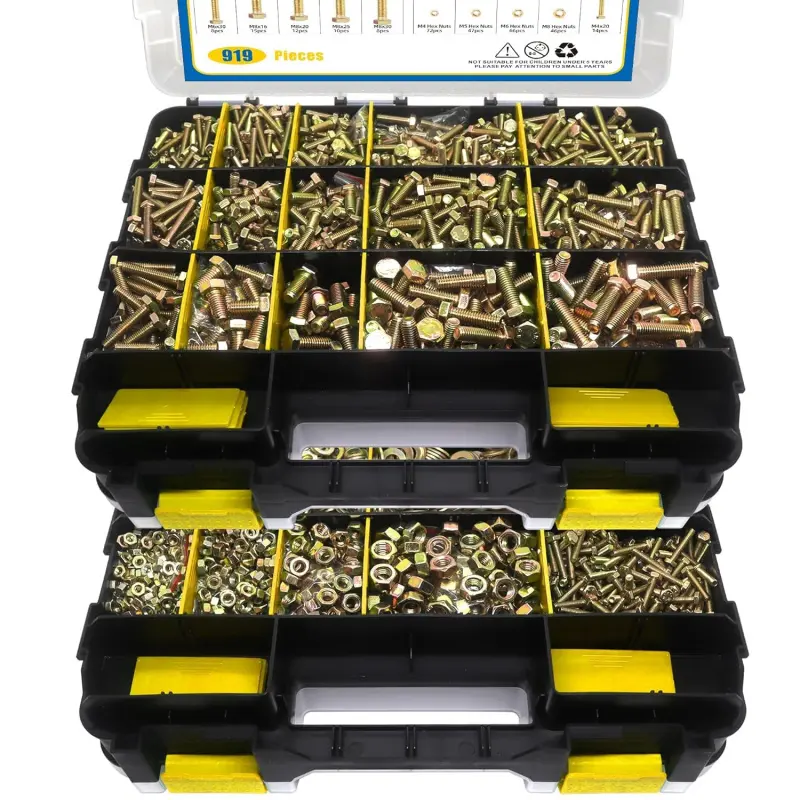 Yellow Zinc Metric Bolt & Nut Set, 919 Pcs M4 M5 M6 M8, 12-30mm Lengths, Perfect for Winter Maintenance & Emergency Fastening