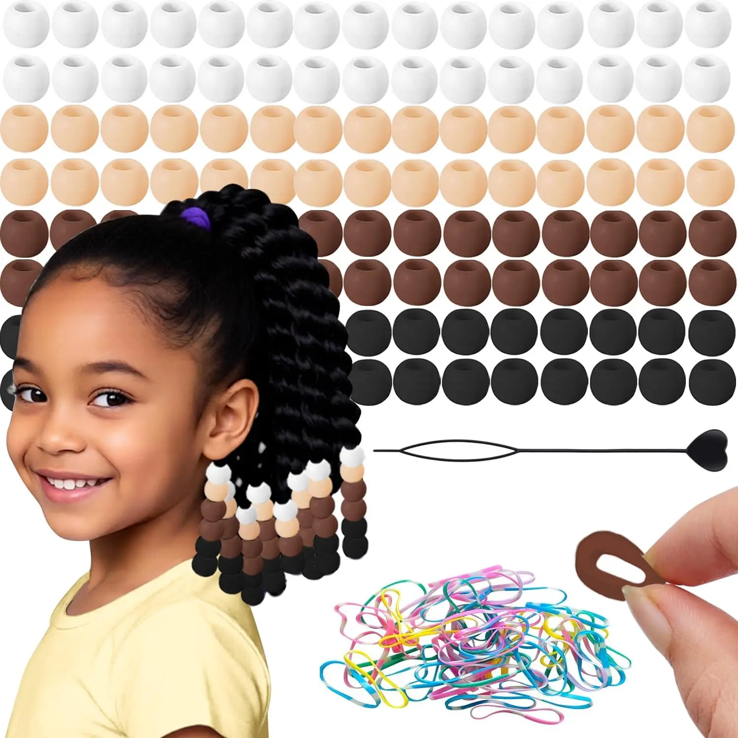 120 count 14mm Large  Beads for Hair Braids, Soft Jellyish Hair Beads with 7mm Hole + 50 Rubber Bands and 1 Beader for Braiding, DIY Bracelets Necklaces Crafts(Brown)