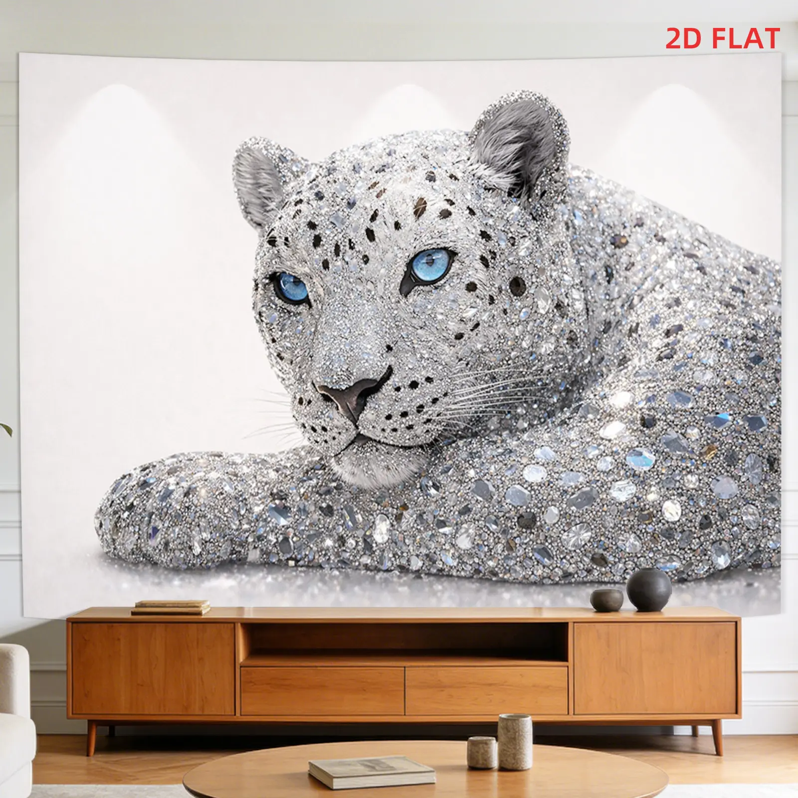 2D Flat - 2D Flat - A Tapestry Featuring a Large Or Small Pattern of a Gemstone Jaguar Sculpture, Ideal for Decorating Walls in Living Rooms, Meditation Spaces, Offices, Or for Party Decor, And It Does Not Glow