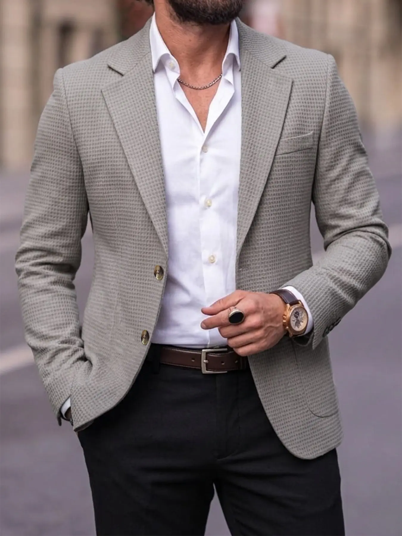 Men's Autumn New Italian Light Textured Casual Blazer, Lightweight Business Fit Two-Buckle Suit Jacket, Wrinkle-Resistant Fabric