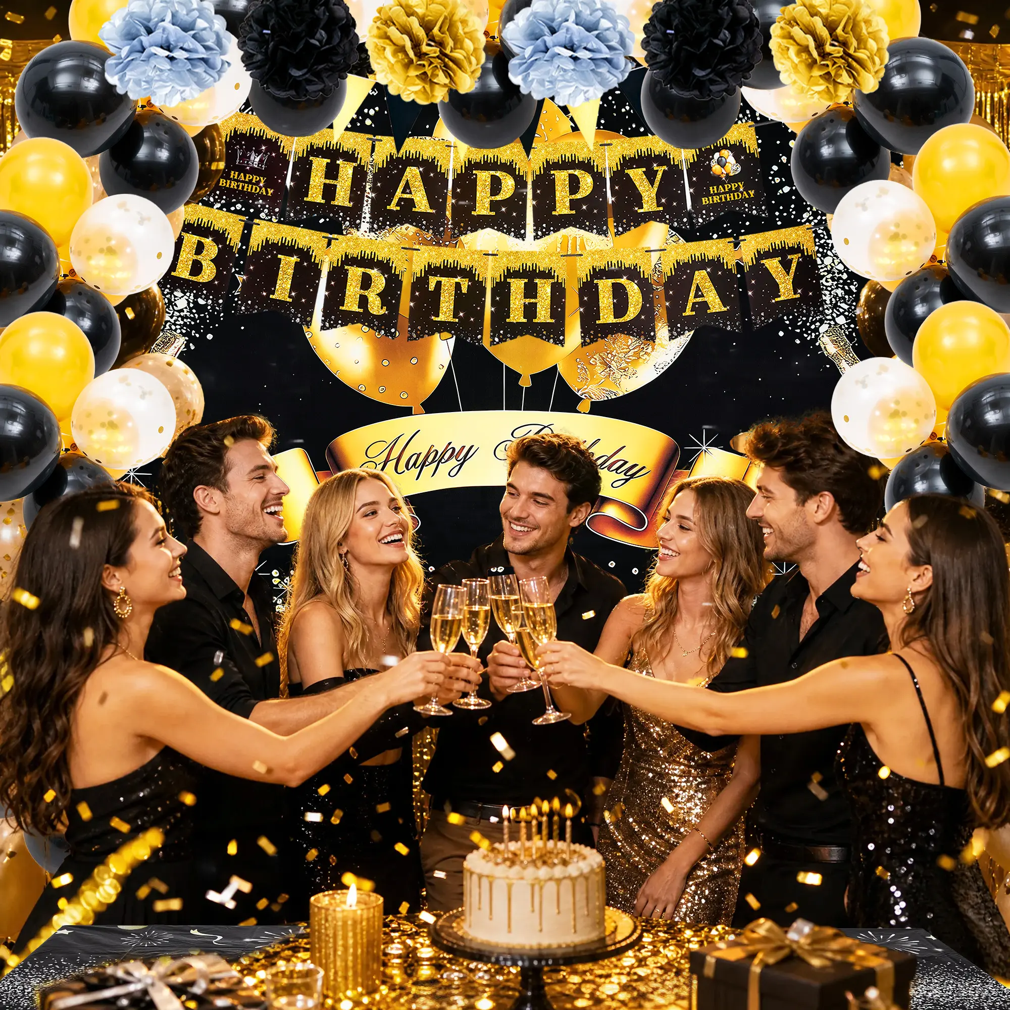 Retirement Party Decorations, Black and Gold Happy Retirement Decorations Set, The Legend Has Retired Backdrop, Banner, Balloons, Honeycomb Centerpieces, Hanging Swirls, Tissue Paper Pom Poms, Fringe Curtain for Retirement Party Supplies
