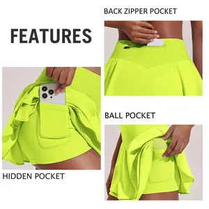 Womens Tennis Skirt with Pockets Double Ruffle Stretchy Athletic Skirts Lightweight Cute Golf Skort, Neon Yellow Large