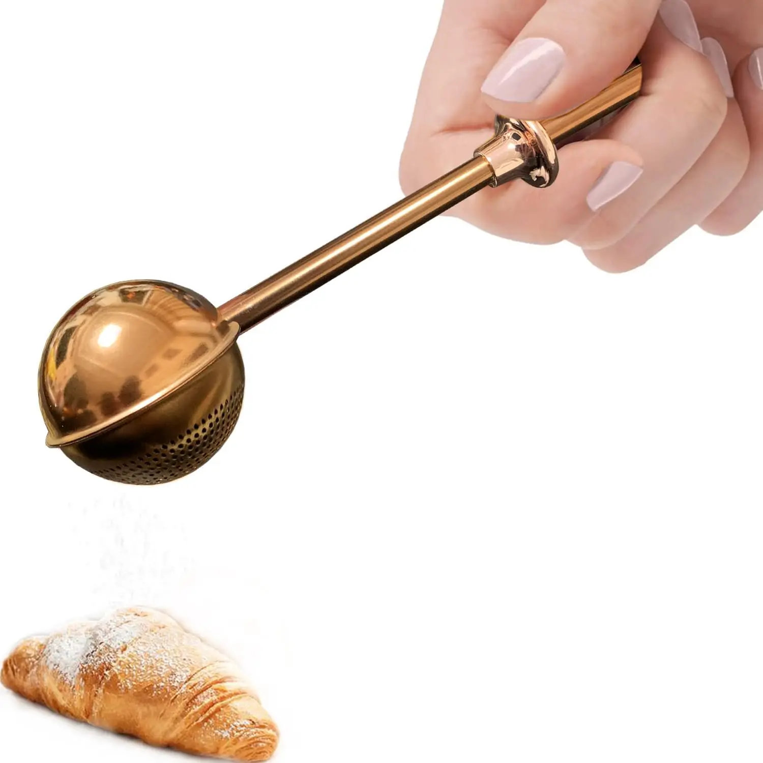 304 SS Powdered Sugar Duster & Flour Dispenser, 7.2" Spring-Operated Handle Shaker for Bakers, 1-Hand Op Tool for Sugar & Spices