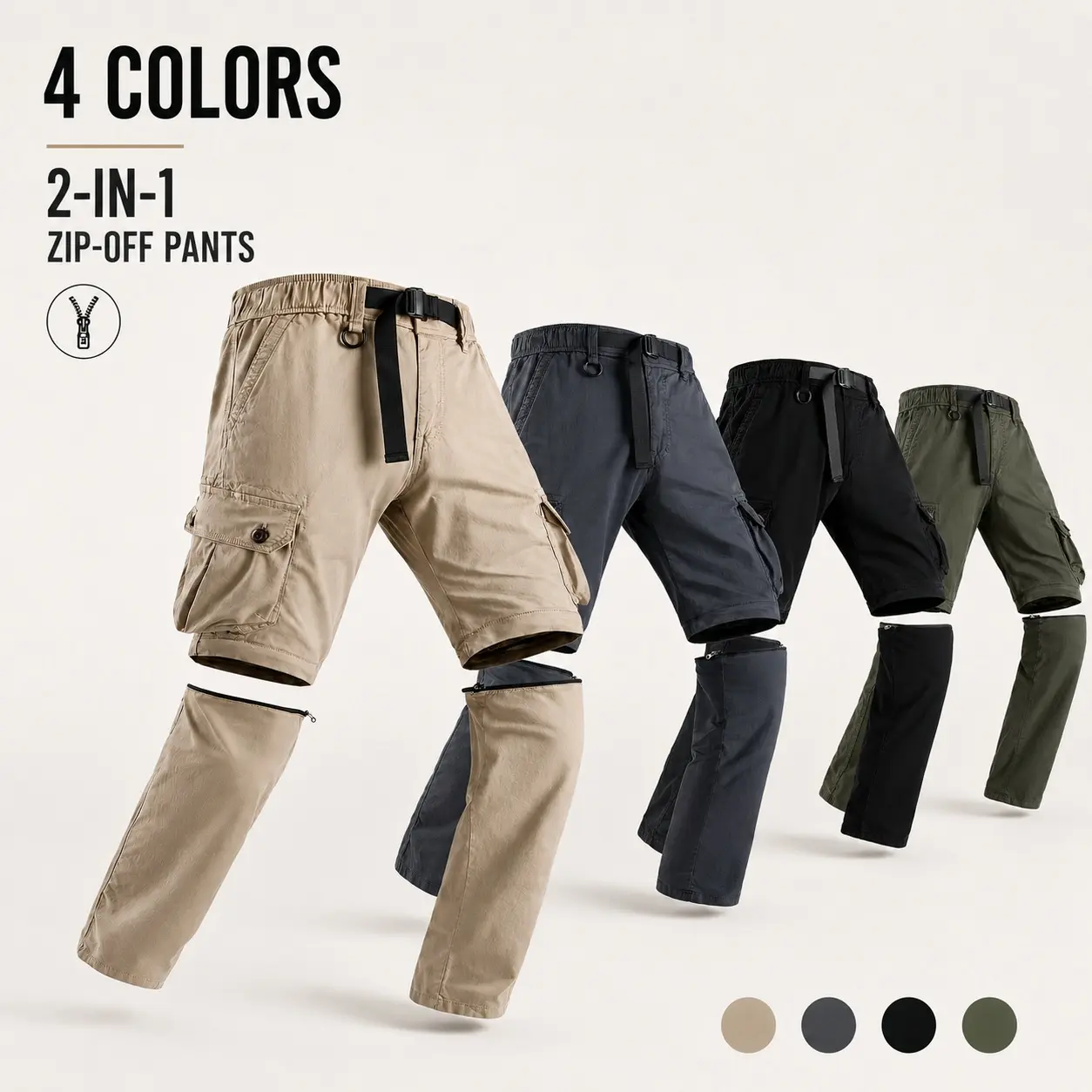 Men's 100% Natural Cotton 2-in-1 Convertible Utility-Cargo Hiking Pants - Zip-Off, Mid Waist, Adjustable Belt, Multi-Pockets, Fitted Cut, Elastic, Plain Solid, Machine Washable, for Hiking/Light Outdoor, All Seasons