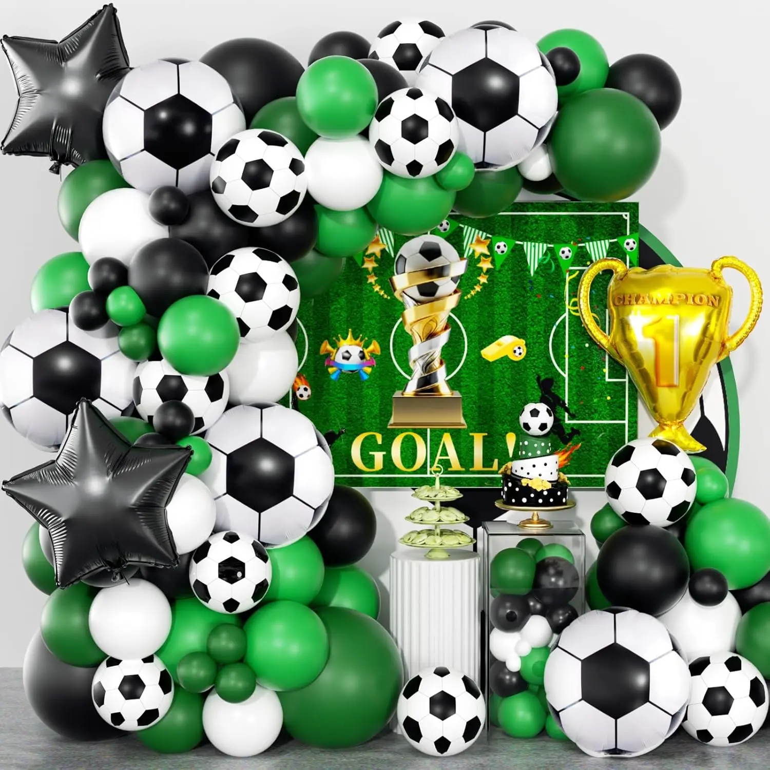 Soccer Party Decorations 153Pcs, World Soccer Balloon Garland Arch Kit with Backdrop Banner 18'' Football Foil Balloons, Green White Balloons for Boys Sports Fan Birthday Soccer Party Decor