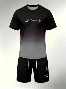 Gradient Letter 'king' Print Men's Two-Piece Set, Casual Slim-Fit Short Sleeve Top and Shorts, Plain Surface, Unlined, No Collar, Without Zipper, Clothes
