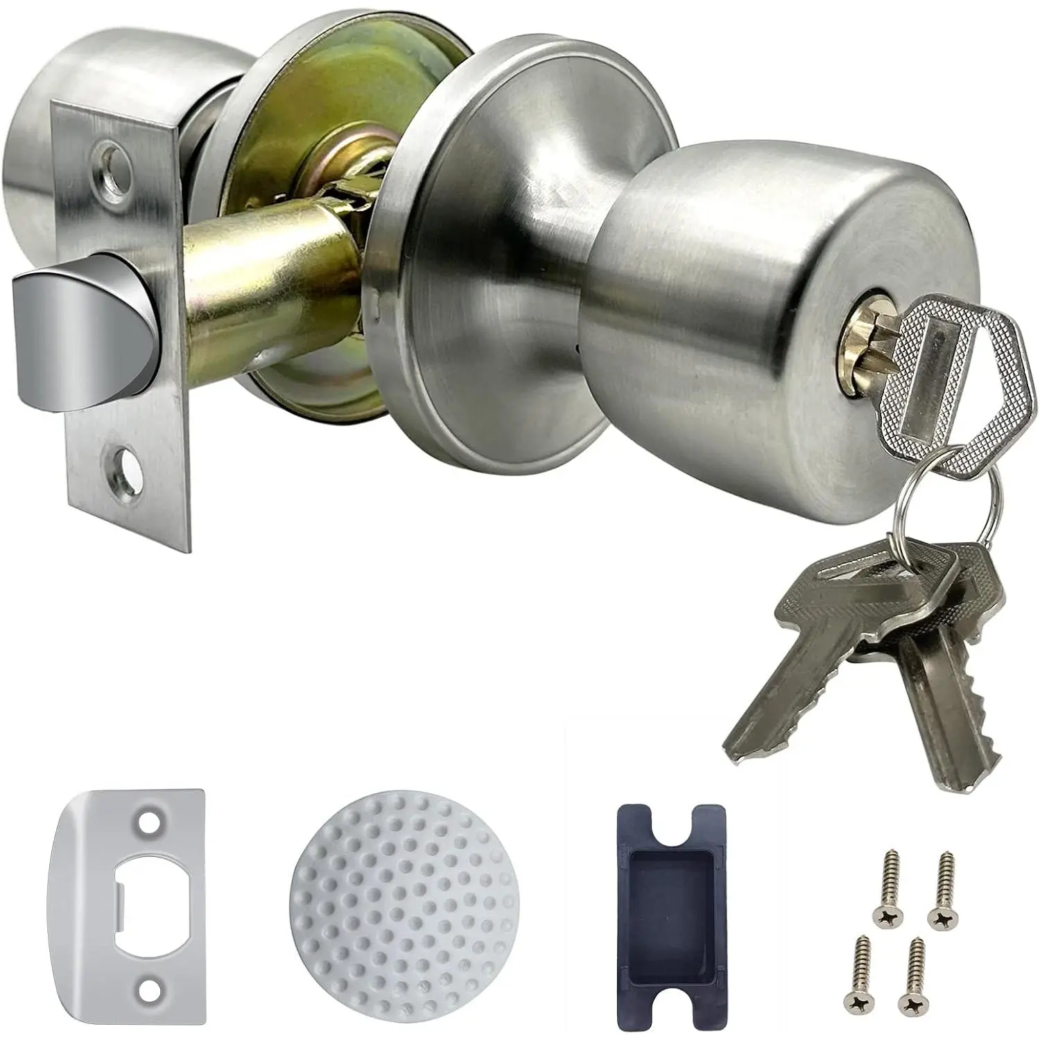 Satin Nickel Door Knob with Lock and Key Round Ball Lock Interior | Exterior Door Knob for Bedroom Or Bathroom (1 Pack)
