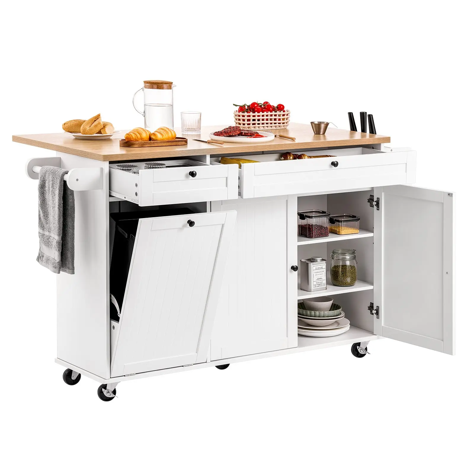 【DealsForYouDays】VEVOR 60 In Wide Mobile Kitchen Island Cart with MDF Board Countertops, Wheels, Drop Leaf, 2 Drawers, Trash Can Cabinet, Knife Holder, Spice Rack, Towel Rack, Dining Room Table, Pantry Storage, Kitchen Countertops