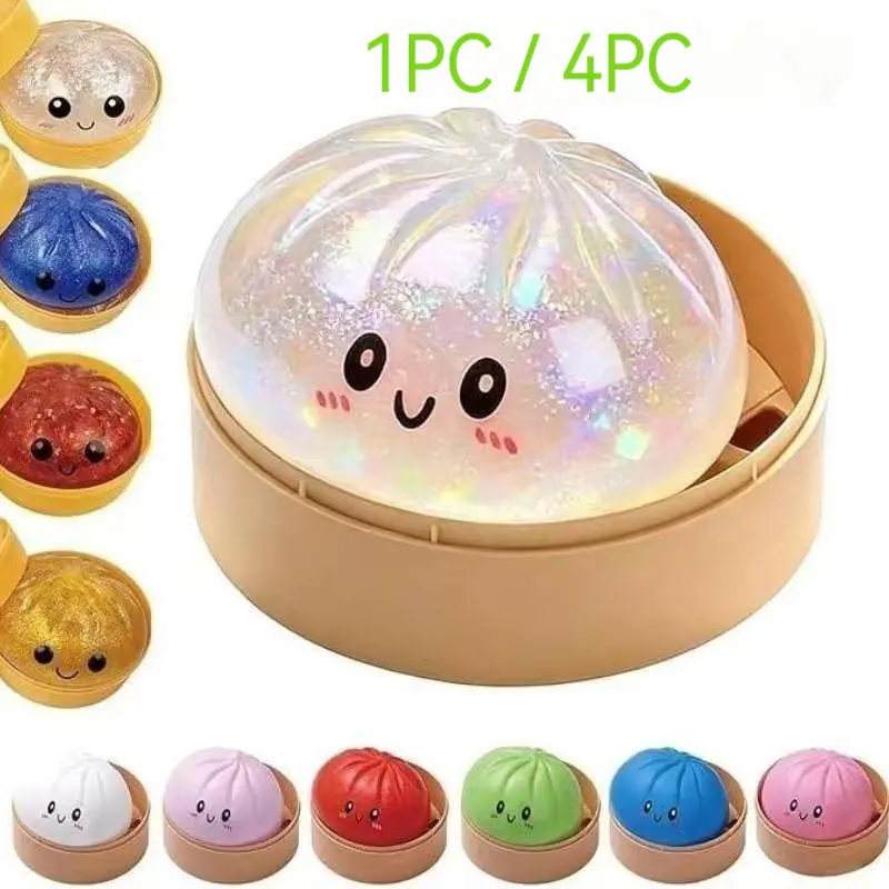 1/4 Pack Shiny Dumpling Soft Stress Relief Set, Includes Steam Box, Plush Texture, Ideal for Anxiety Relief, Unisex Design, Squishy Glitter Dumplings