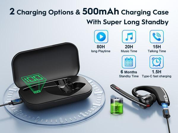 New bee Bluetooth Trucker Headset, Wireless Bluetooth Earpiece for Cellphone with 500mah Charging Case 80h Playtime V5.2 Dual Mic Noise Cancelling Hands-Free Earphones for Office Driver Audio Headphones Earbud Electronic Chargeable