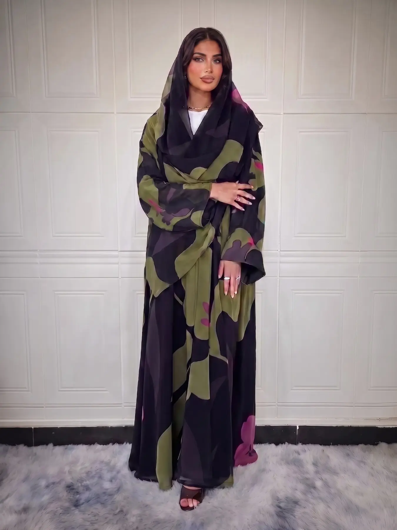 New Muslim Women's Vintage Color Block Print Chiffon Open Front Abaya Set, Loose Fit Dubai Daily Casual Wear, Two-Piece Hijab