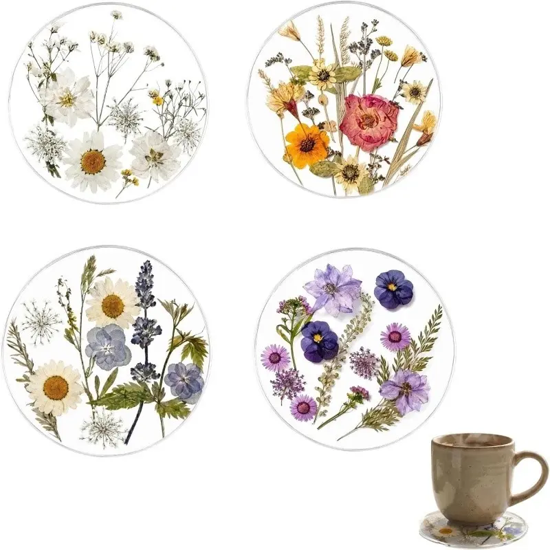 4Pcs Brightly Colored Printed Acrylic Coasters, Wildflower Art Design Clear Cup Coasters, Desktop Table Aesthetic Decor, Perfect for Christmas, Wedding and Birthday Flower Plant