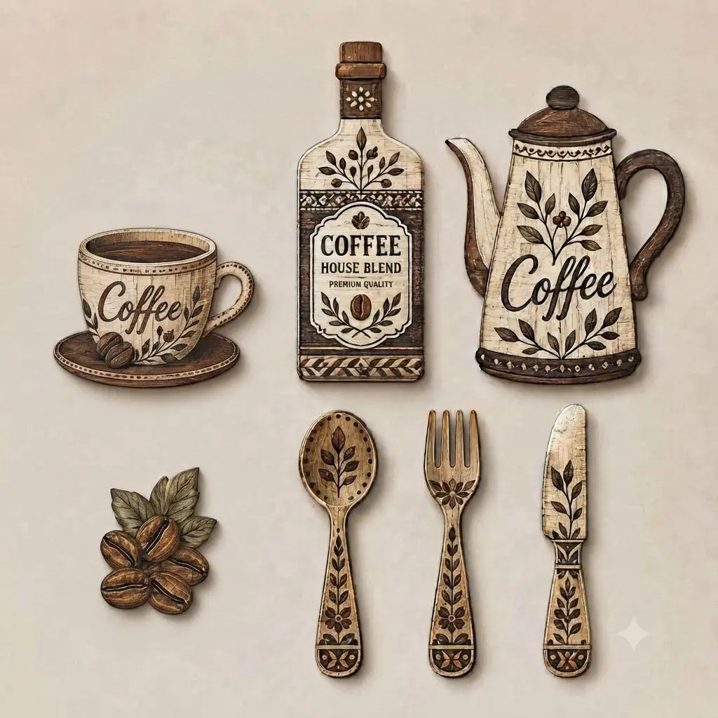 7 Pieces Wooden Coffee-Themed Kitchen Wall Decor, Decorative Wall Art, Decoration Items, Vintage Country Style Wall Hangings Featuring Coffee Cups, Coffee Pots, Coffee Beans, Coffee-Themed Decor Plaques Suitable for Kitchens and Cafe