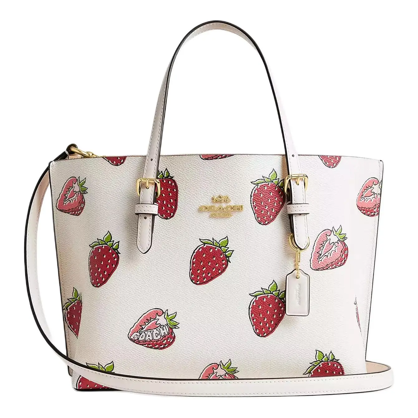 COACH Mollie 25 Tote Bag for Women – Strawberry Print Coated Canvas Handbag in White