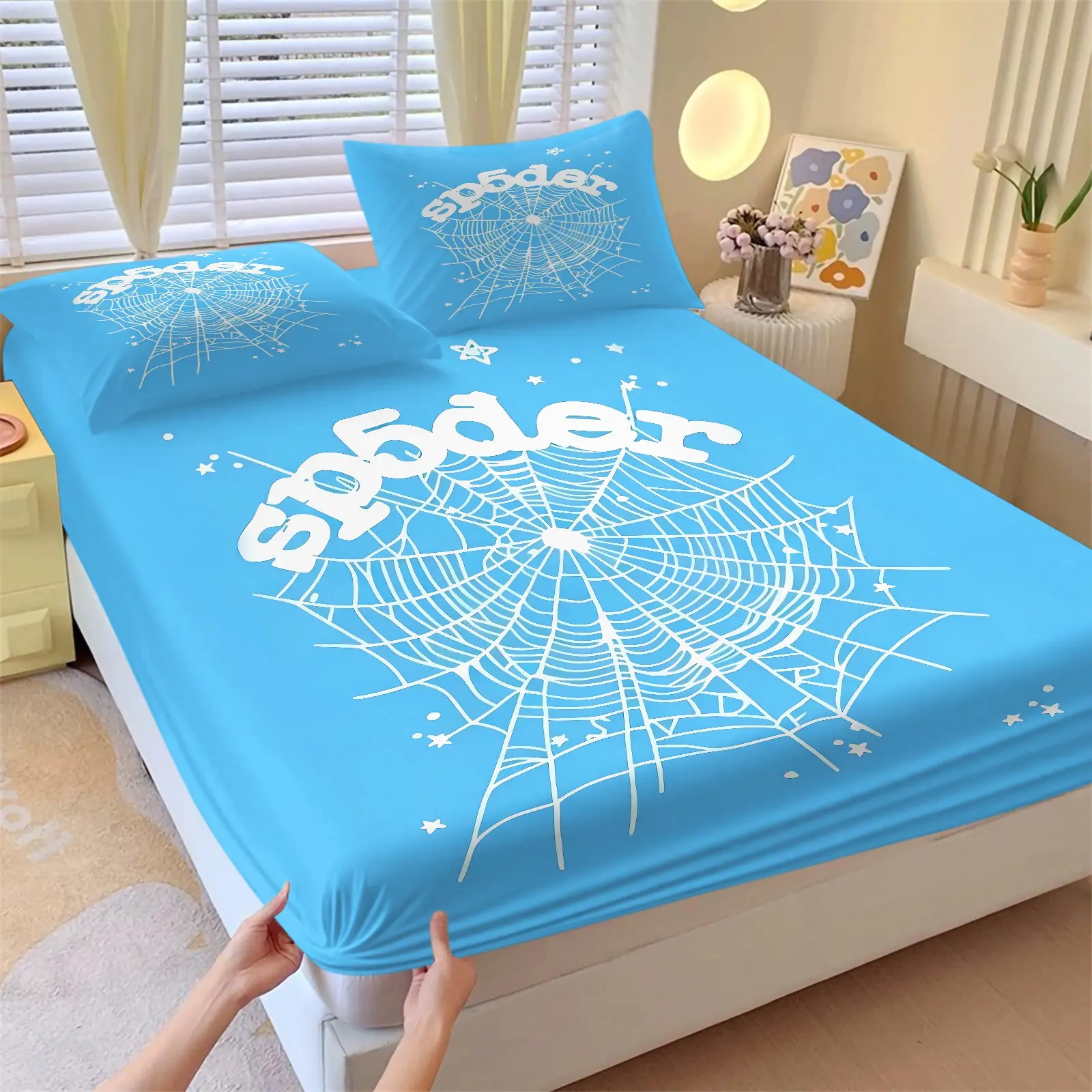 3PCS Light Blue Spider Web Star Graphic Fitted Sheet Set (1 Fitted Sheet + 2 Pillowcases), Ultra Soft Breathable Skin Friendly Fabric, Stretch Deep Pocket, Bedroom Decor Accessories, Hip‑Hop Aesthetic Room Decor For Teen Boys
