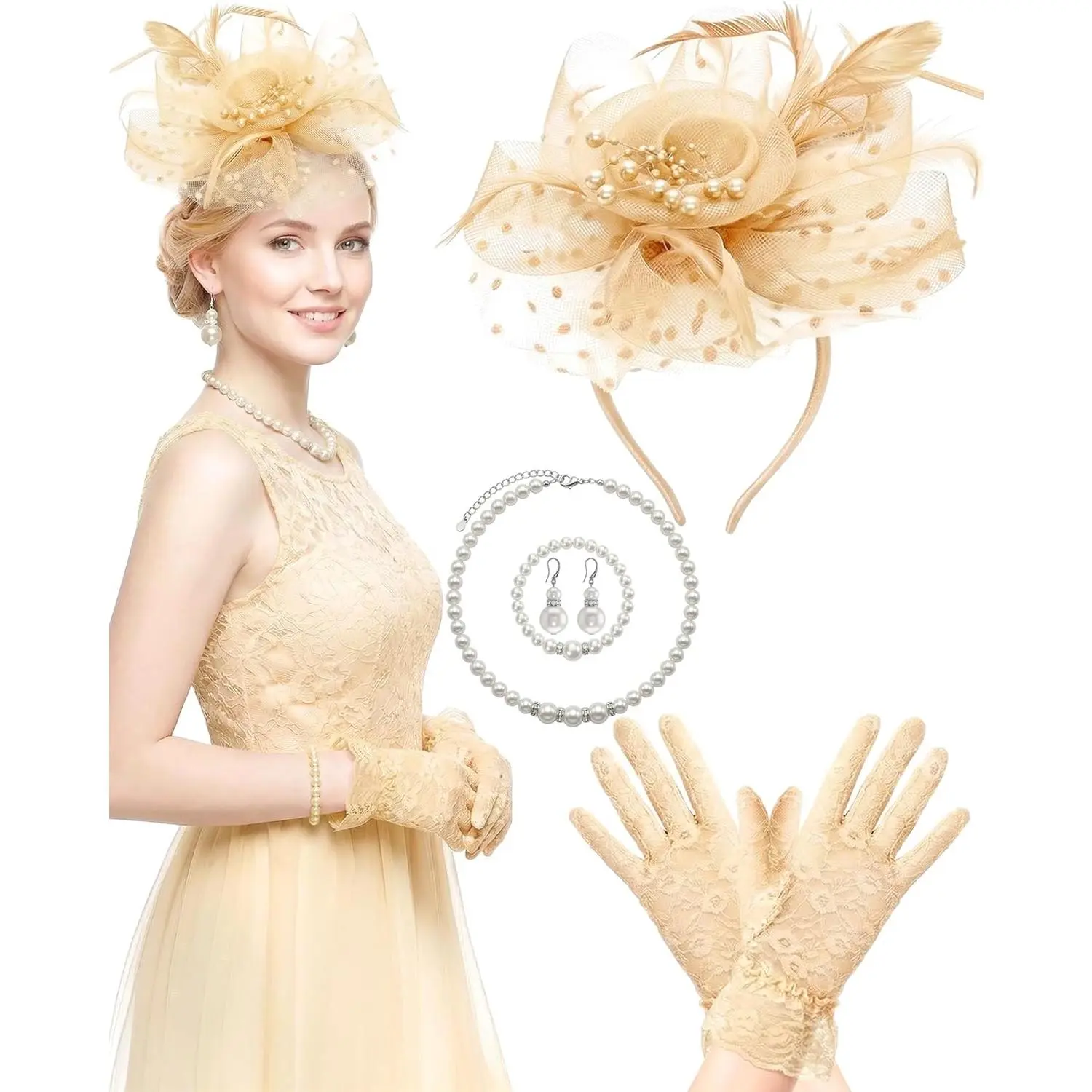 Women's Fascinator Hat & Headband Accessory Set with Gloves, Formal Tea Party Women's Clothing Accessory, Tea Party Accessories