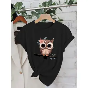 Cute Kawaii Cartoon Spotted Owl With Pink Rose & Blue Leaf On Branch Floral Cottagecore Graphic T Shirt Gentle Soft Nature Art Print Unisex Relaxed Black Crew Neck Short Sleeve Tee S–5XL Big Tall Plus Size Women Casual Daily Streetwear Top