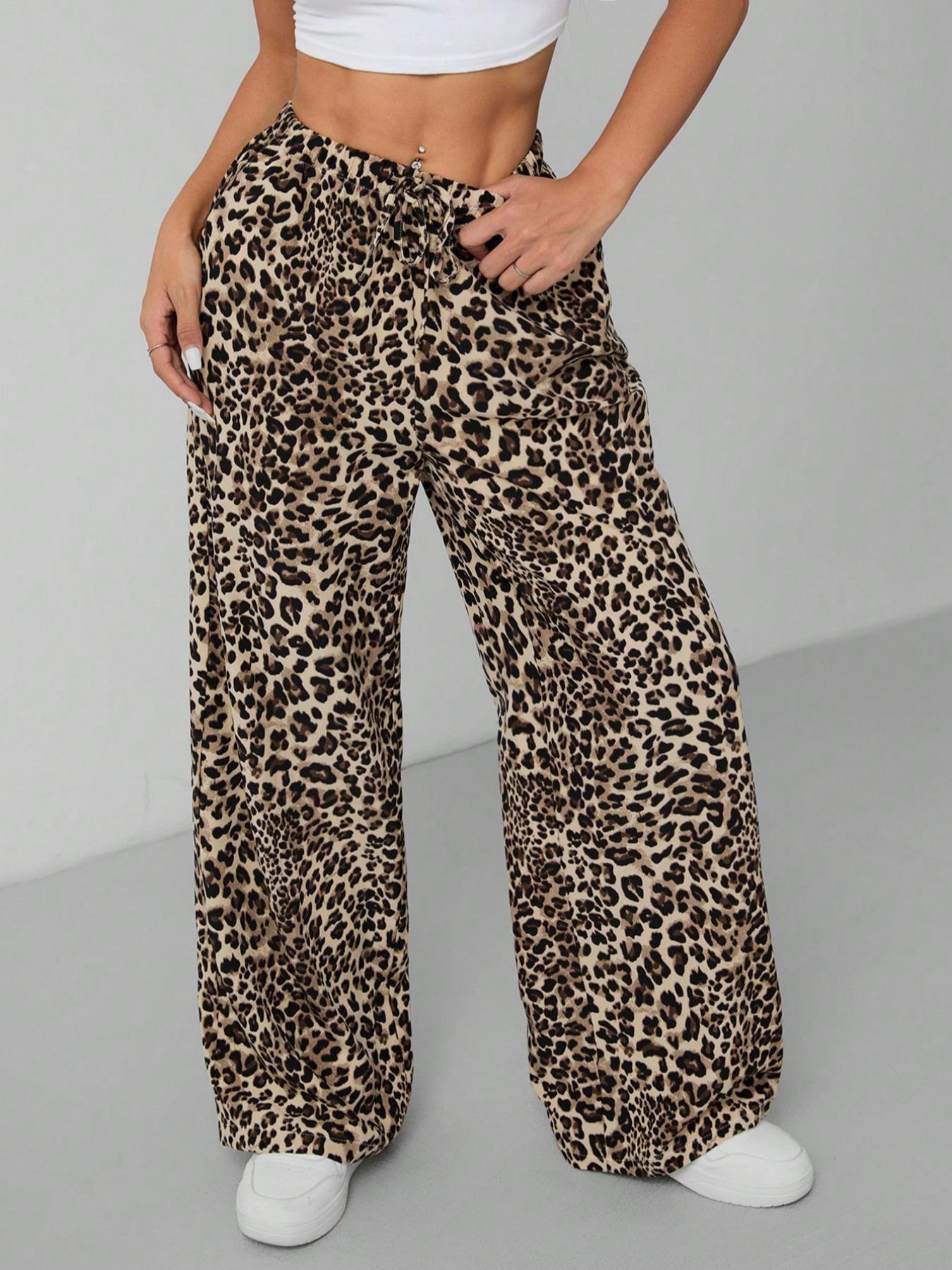Women's Leopard Print Tie Front Pocket Wide Leg Pants, Casual Comfy Straight Leg Trousers for Daily Wear, Ladies Bottoms for All Seasons, Womenswear