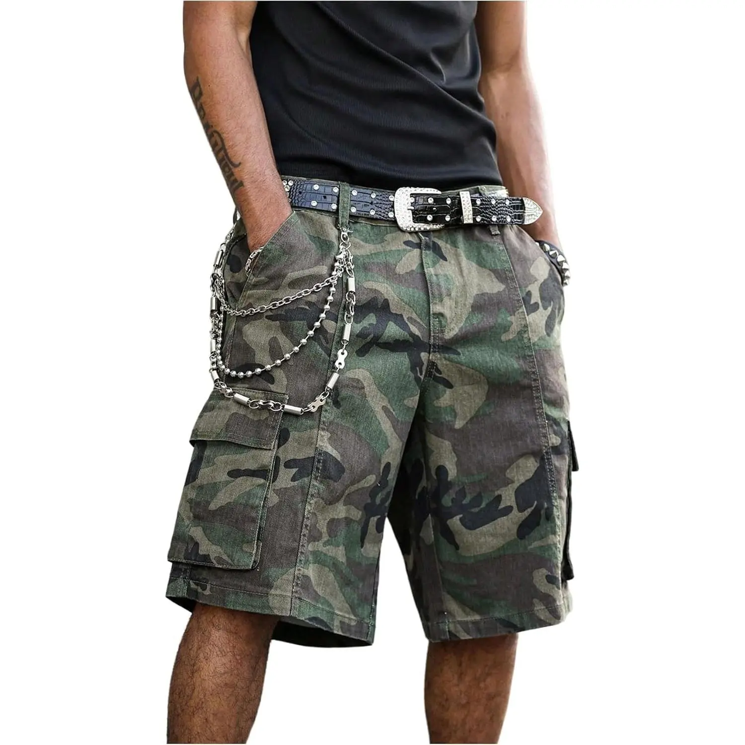 Men's Camo Denim Cargo Shorts Baggy Bermuda Shorts Jorts Streetwear