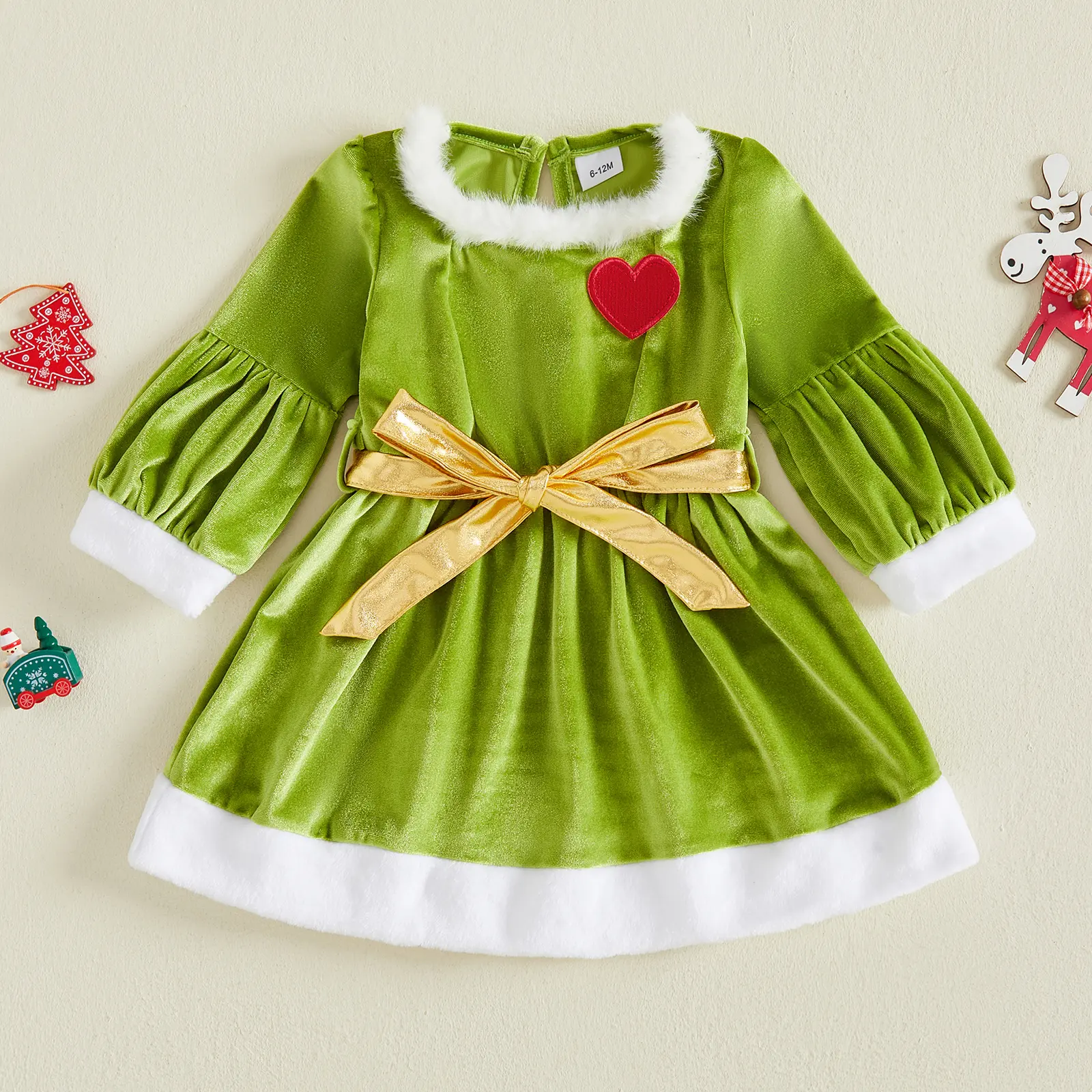 FOCUSNORM Toddler Baby Girls Grinch Velvet Fuzzy Trim Puff Sleeve Red Heart Gold Bow Christmas Party Dress 6M‑4T