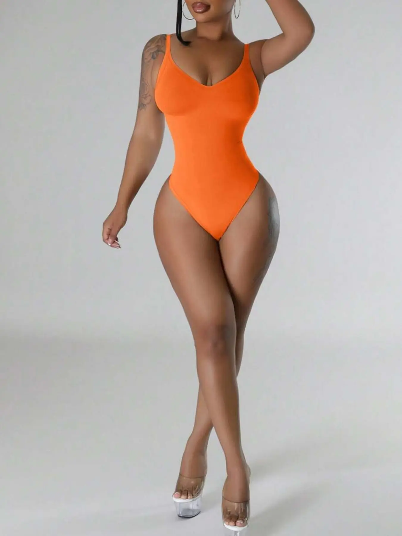 Women's V-Neck Wide Strap Camisole One-Piece Top, Seamless Stretch Bodycon Shaping Bodysuit, Button Back Sexy Underwear, Body Shaper Bodysuit